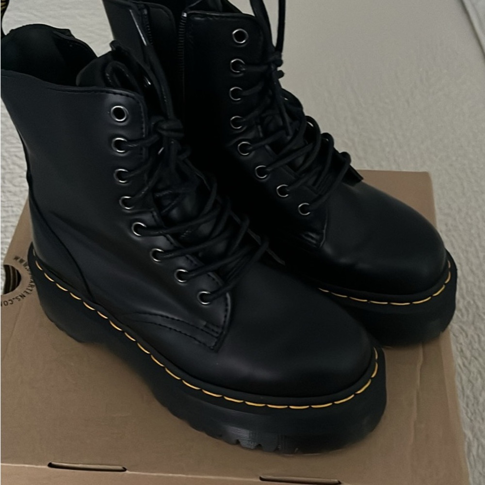 Dr. Martens Black Leather Platform Lace-Up Boots with Yellow Stitching